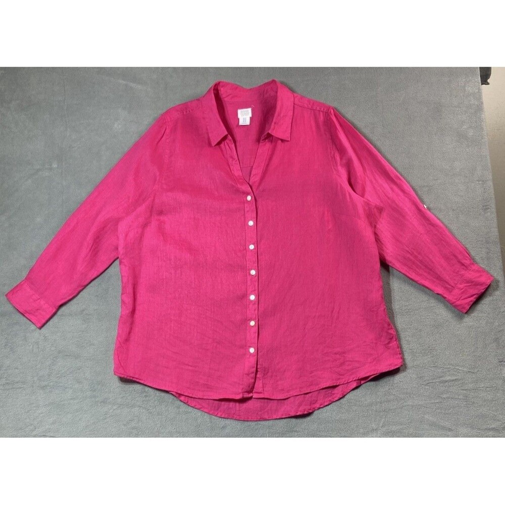 Sigrid Olsen Womens Plus 1X Button Up Bright Pink 100% Linen Shirt Long Sleeve